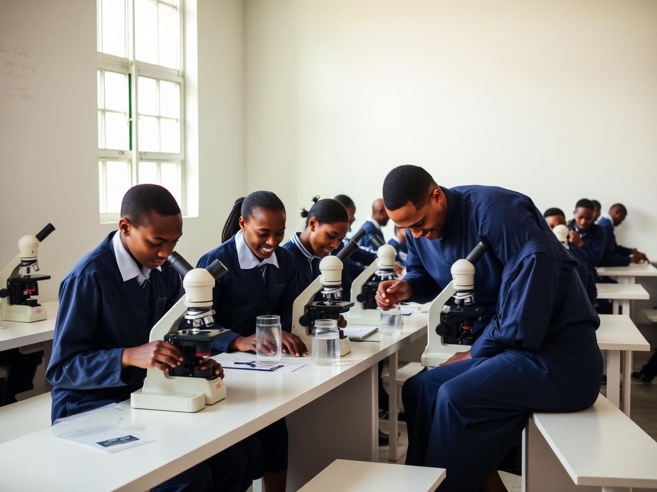 Students using microscopes in the science laboratory